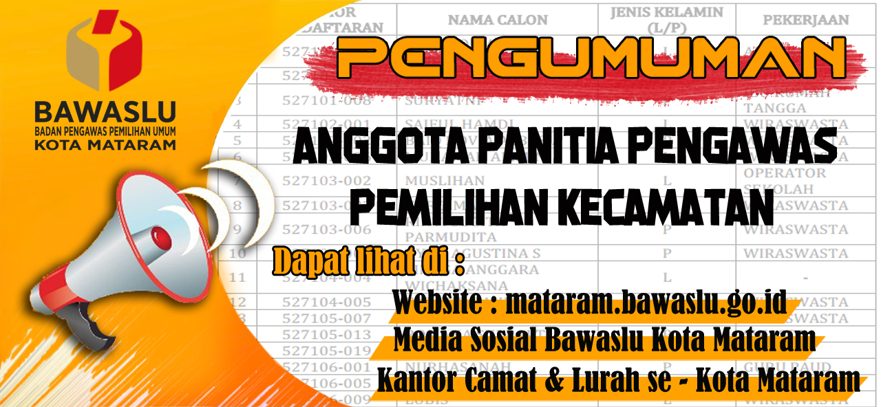 PENGUMUMAN ANGGOTA PANITIA PENGAWAS PEMILIHAN KECAMATAN
