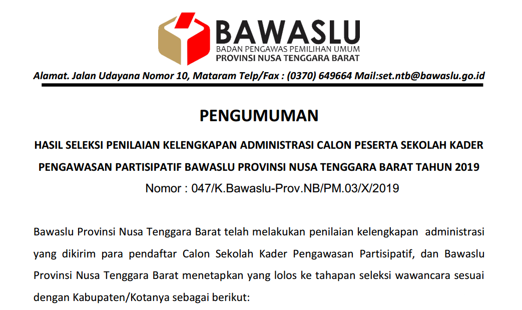 PENGUMUMAN, HASIL SELEKSI ADMINISTRASI SEKOLAH KADER PENGAWASAN PARTISIPATIF