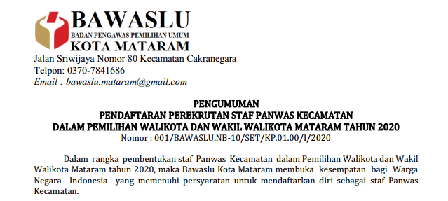 Pengumuman Rekrutmen Staf Panwascam se - Kota Mataram