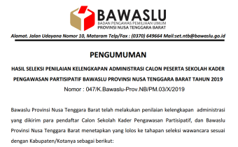 PENGUMUMAN, HASIL SELEKSI ADMINISTRASI SEKOLAH KADER PENGAWASAN PARTISIPATIF
