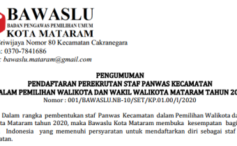 Pengumuman Rekrutmen Staf Panwascam se - Kota Mataram